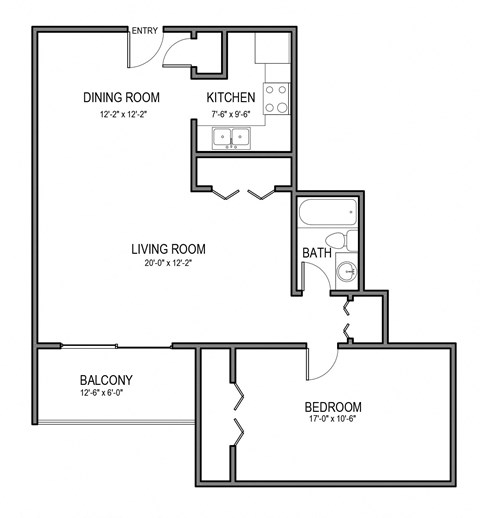 Floor plan for 1 bed, 1 bath, 800 sqft